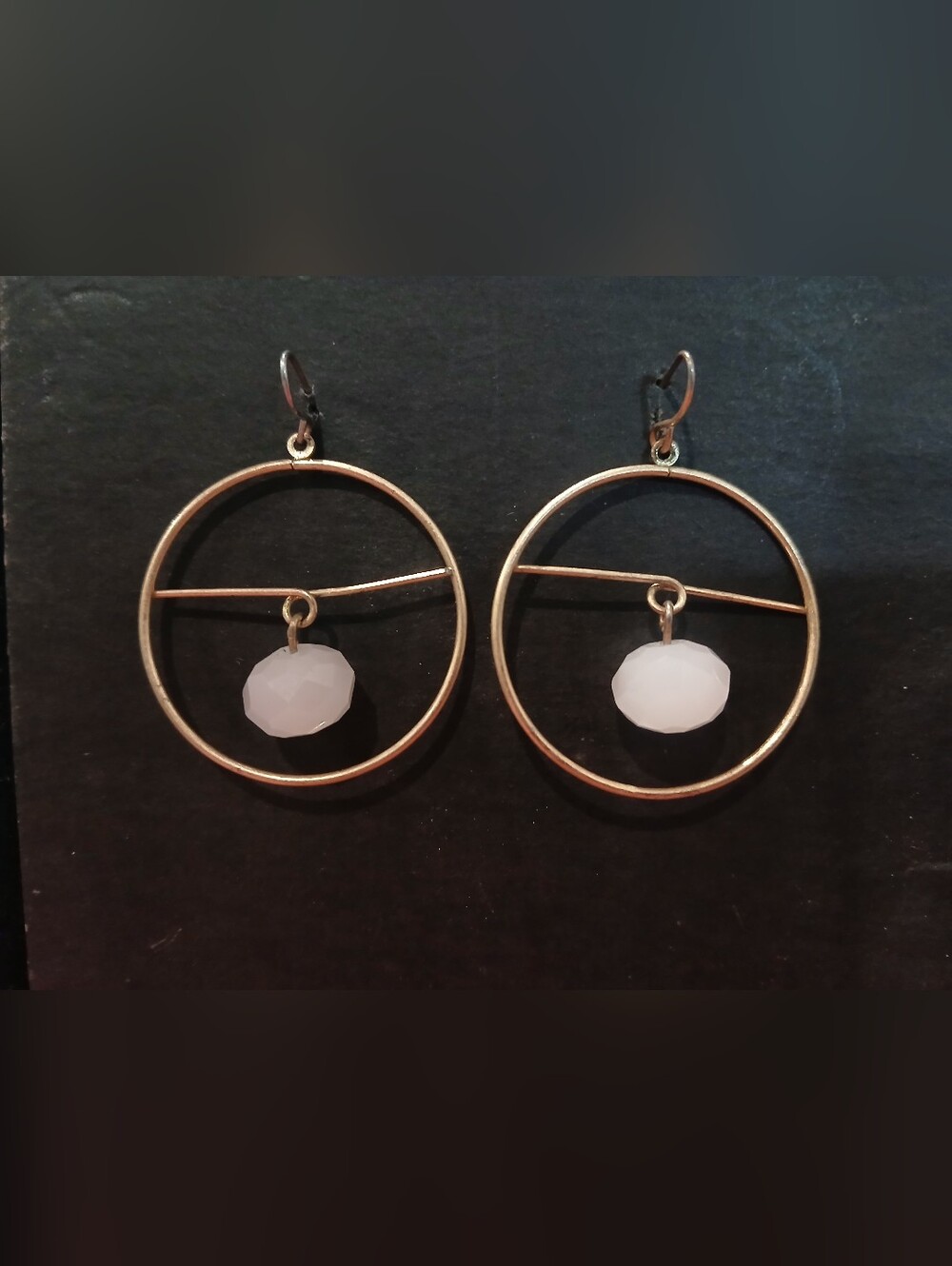 Modernist 1.5" Geometric Gold-Tone Hoop Earrings with 0.5" Faceted White Beads